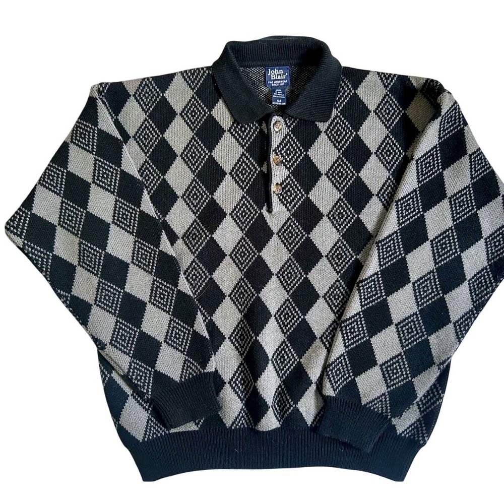 John Blair Vintage Polo Sweater Men‎ Black Gray Argyle Diamond Knit XLG